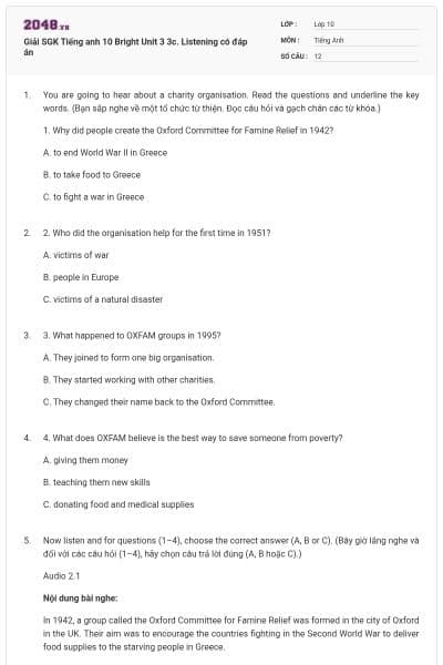 Giải SGK Tiếng anh 10 Bright Unit 3 3c. Listening có đáp án