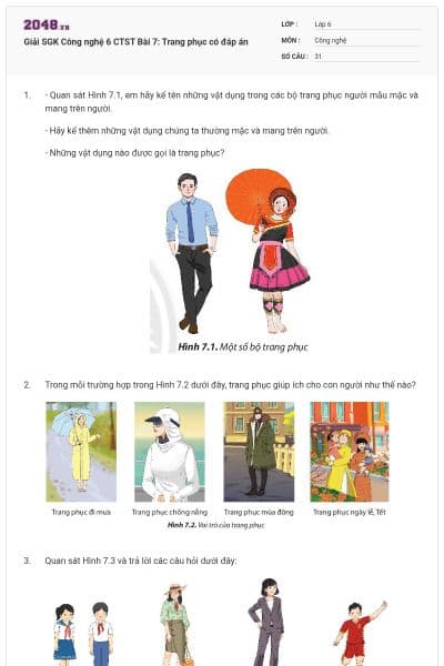 Giải SGK Công nghệ 6 CTST Bài 7: Trang phục có đáp án