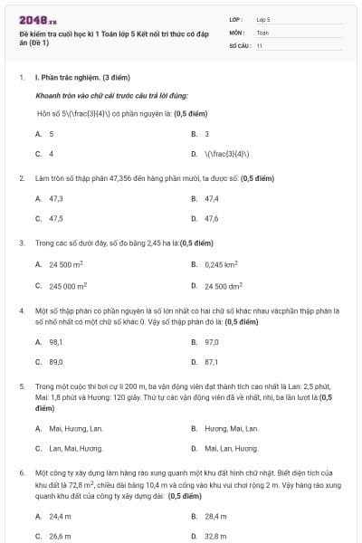 Đề kiểm tra cuối học kì 1 Toán lớp 5 Kết nối tri thức có đáp án (Đề 1)