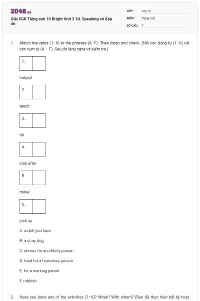 Giải SGK Tiếng anh 10 Bright Unit 3 3d. Speaking có đáp án