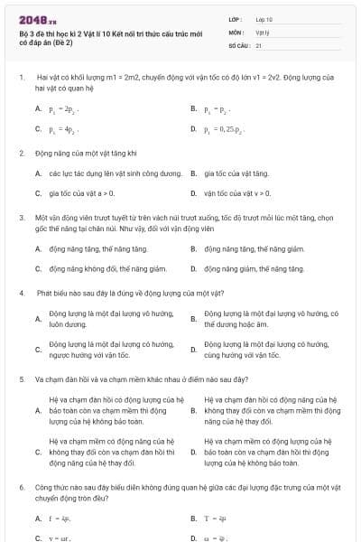 Bộ 3 đề thi học kì 2 Vật lí 10 Kết nối tri thức cấu trúc mới có đáp án (Đề 2)