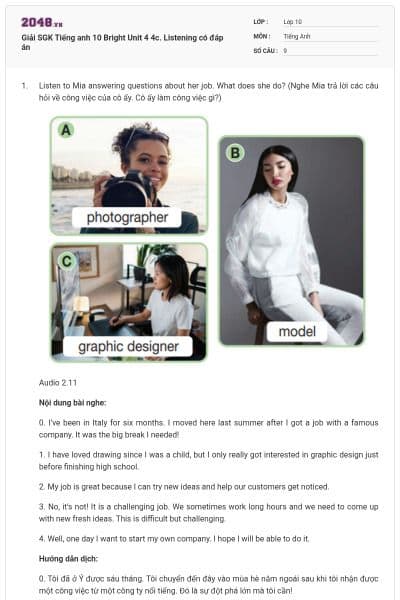 Giải SGK Tiếng anh 10 Bright Unit 4 4c. Listening có đáp án