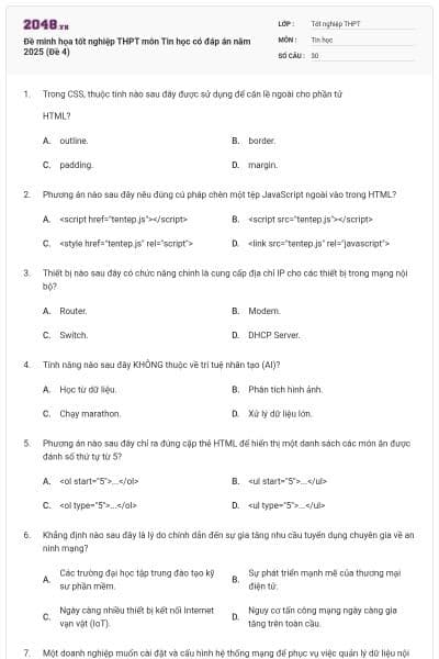 Đề minh họa tốt nghiệp THPT môn Tin học có đáp án năm 2025 (Đề 4)