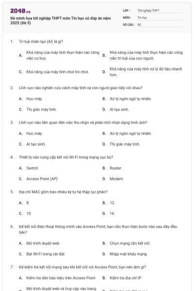Đề minh họa tốt nghiệp THPT môn Tin học có đáp án năm 2025 (Đề 5)