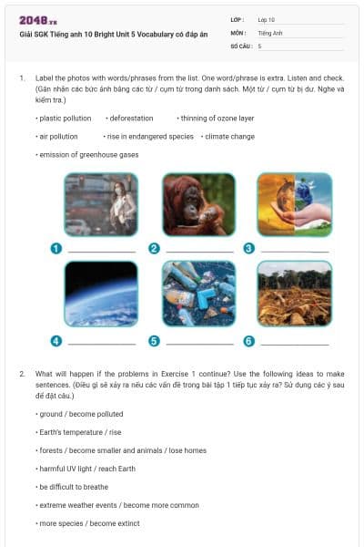 Giải SGK Tiếng anh 10 Bright Unit 5 Vocabulary có đáp án