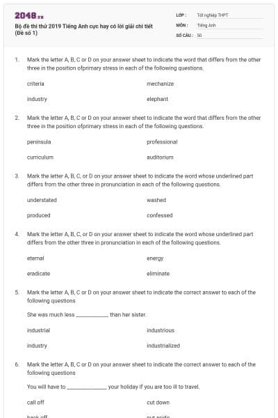Bộ đề thi thử 2019 Tiếng Anh cực hay có lời giải chi tiết (Đề số 1)
