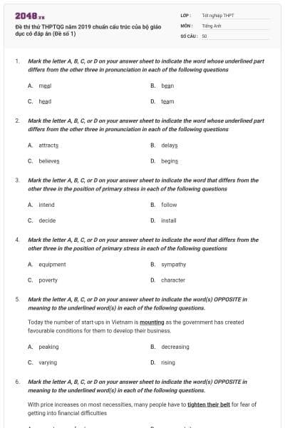 Đề thi thử THPTQG năm 2019 chuẩn cấu trúc của bộ giáo dục có đáp án (Đề số 1)