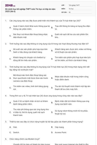 Đề minh họa tốt nghiệp THPT môn Tin học có đáp án năm 2025 (Đề 6)