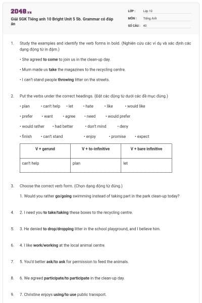 Giải SGK Tiếng anh 10 Bright Unit 5 5b. Grammar có đáp án