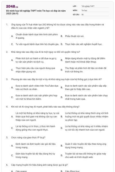 Đề minh họa tốt nghiệp THPT môn Tin học có đáp án năm 2025 (Đề 9)