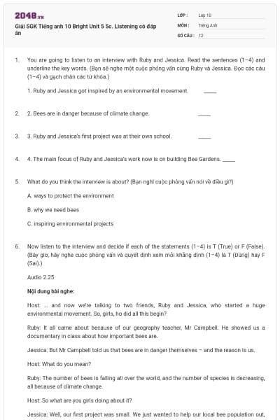 Giải SGK Tiếng anh 10 Bright Unit 5 5c. Listening có đáp án