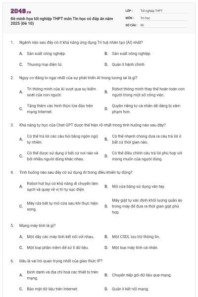 Đề minh họa tốt nghiệp THPT môn Tin học có đáp án năm 2025 (Đề 10)