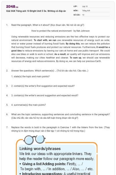 Giải SGK Tiếng anh 10 Bright Unit 5 5e. Writing có đáp án