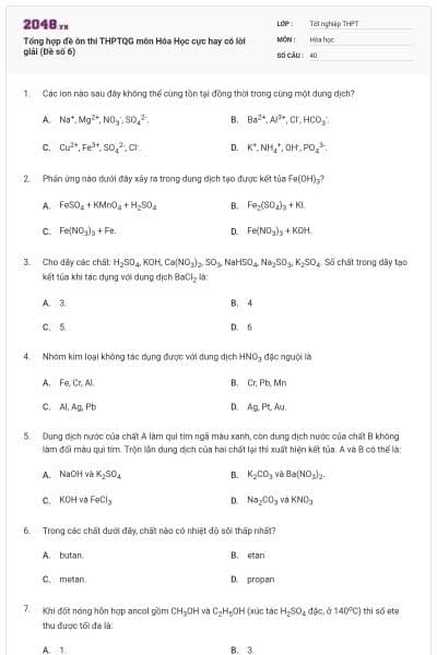 Tổng hợp đề ôn thi THPTQG môn Hóa Học cực hay có lời giải (Đề số 6)