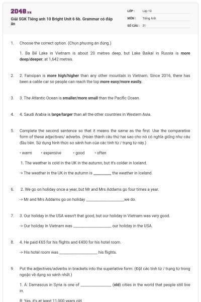 Giải SGK Tiếng anh 10 Bright Unit 6 6b. Grammar có đáp án