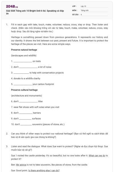 Giải SGK Tiếng anh 10 Bright Unit 6 6d. Speaking có đáp án
