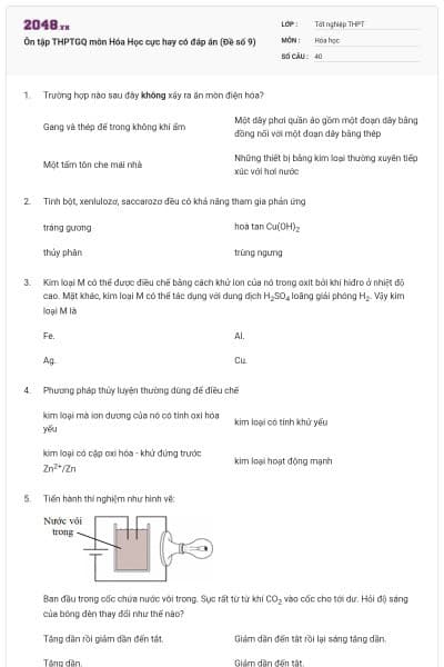 Ôn tập THPTGQ môn Hóa Học cực hay có đáp án (Đề số 9)