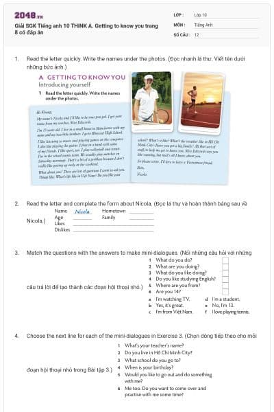 Giải SGK Tiếng anh 10 THiNK A. Getting to know you trang 8 có đáp án