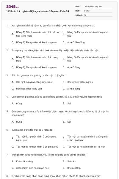 1730 câu trắc nghiệm Nội ngoại cơ sở có đáp án - Phần 24