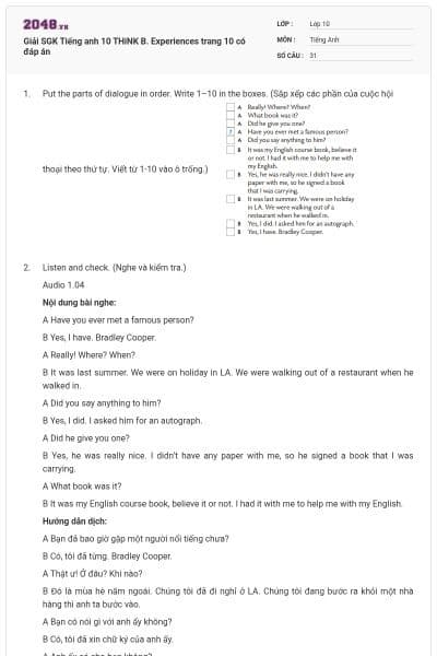 Giải SGK Tiếng anh 10 THiNK B. Experiences trang 10 có đáp án
