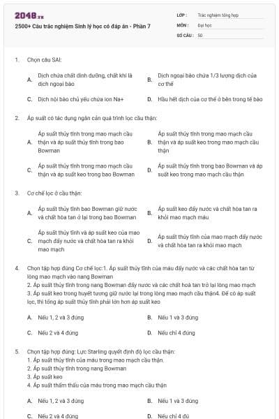 2500+ Câu trắc nghiệm Sinh lý học có đáp án - Phần 7