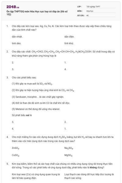 Ôn tập THPTGQ môn Hóa Học cực hay có đáp án (Đề số 10))