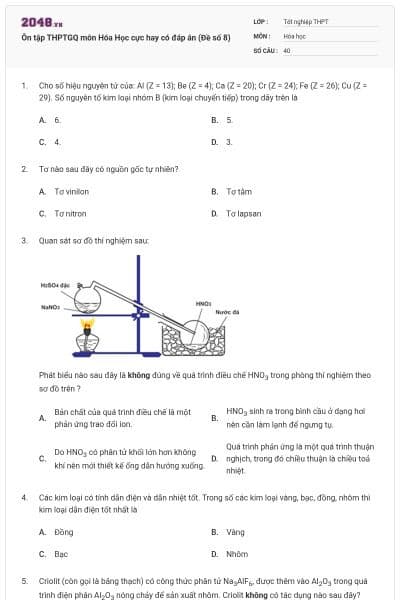 Ôn tập THPTGQ môn Hóa Học cực hay có đáp án (Đề số 8)
