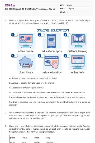 Giải SGK Tiếng anh 10 Bright Unit 7. Vocabulary có đáp án