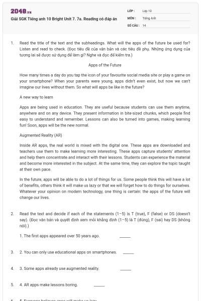 Giải SGK Tiếng anh 10 Bright Unit 7. 7a. Reading có đáp án