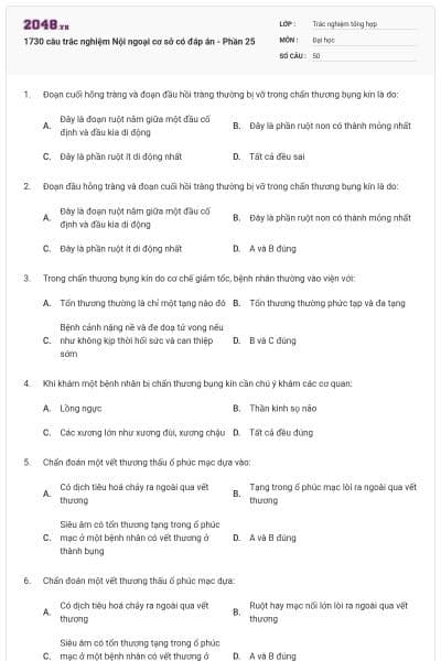 1730 câu trắc nghiệm Nội ngoại cơ sở có đáp án - Phần 25