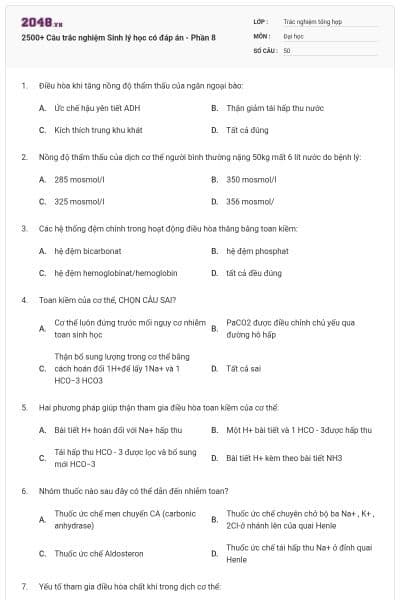 2500+ Câu trắc nghiệm Sinh lý học có đáp án - Phần 8