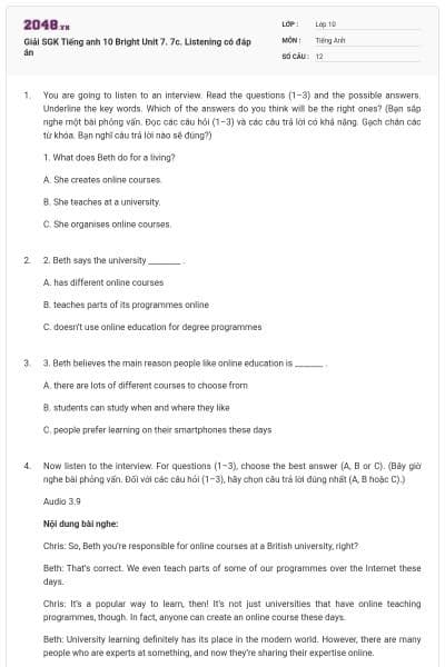 Giải SGK Tiếng anh 10 Bright Unit 7. 7c. Listening có đáp án