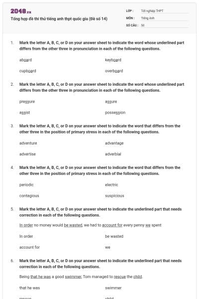 Tổng hợp đề thi thử tiếng anh thpt quốc gia (Đề số 14)