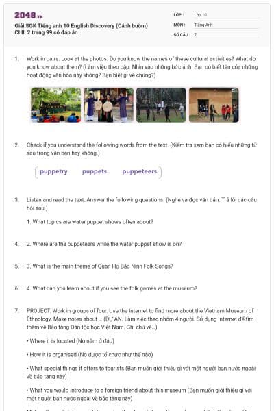 Giải SGK Tiếng anh 10 English Discovery (Cánh buồm) CLIL 2 trang 99 có đáp án