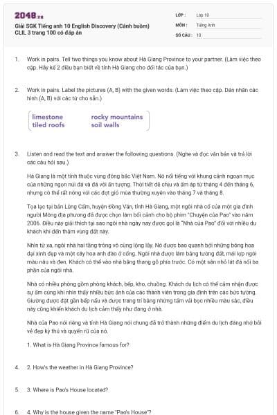 Giải SGK Tiếng anh 10 English Discovery (Cánh buồm) CLIL 3 trang 100 có đáp án