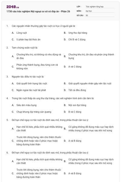1730 câu trắc nghiệm Nội ngoại cơ sở có đáp án - Phần 26