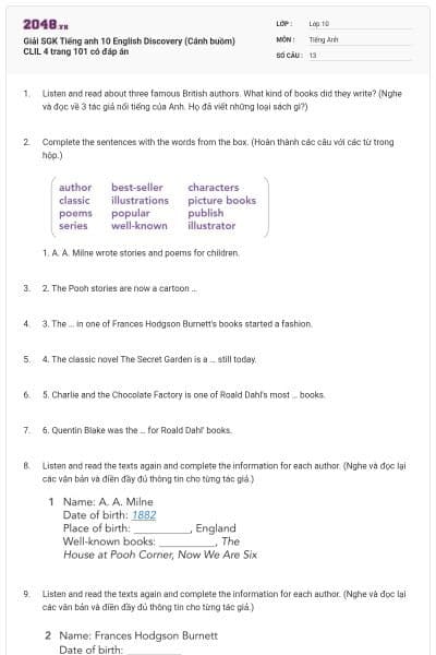 Giải SGK Tiếng anh 10 English Discovery (Cánh buồm) CLIL 4 trang 101 có đáp án