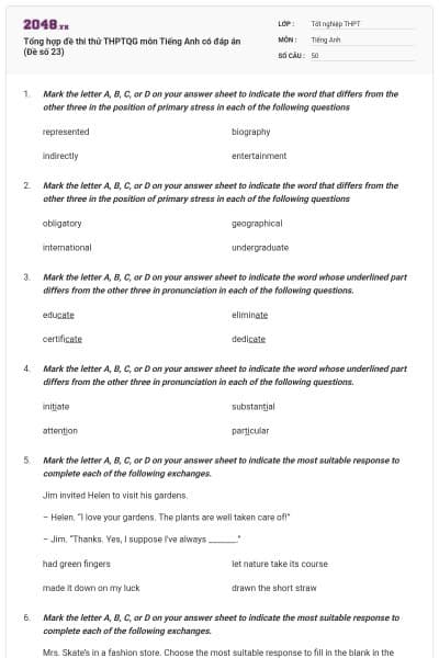 Tổng hợp đề thi thử THPTQG môn Tiếng Anh có đáp án (Đề số 23)