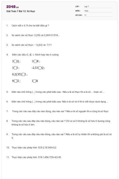 Giải Toán 7 Bài 12: Số thực