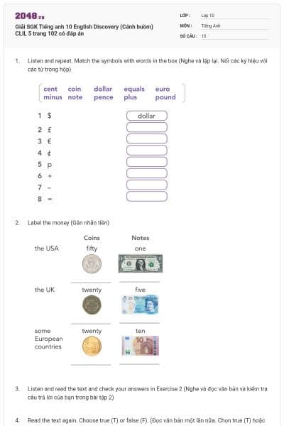 Giải SGK Tiếng anh 10 English Discovery (Cánh buồm) CLIL 5 trang 102 có đáp án