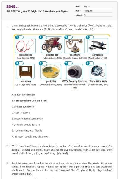 Giải SGK Tiếng anh 10 Bright Unit 8 Vocabulary có đáp án