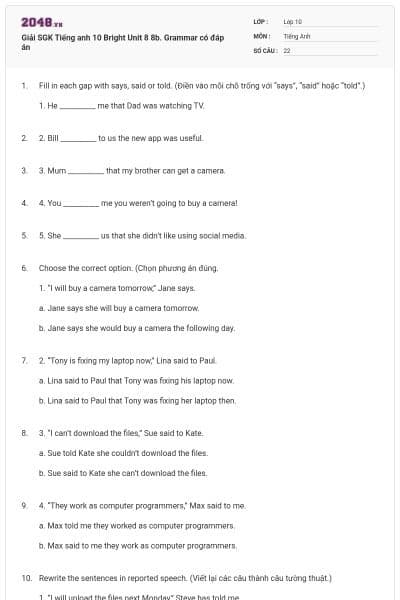 Giải SGK Tiếng anh 10 Bright Unit 8 8b. Grammar có đáp án