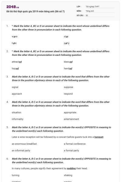 Đề thi thử thpt quốc gia 2019 môn tiếng anh (Đề số 7)