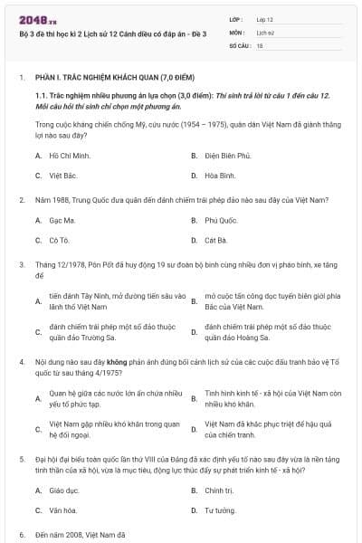 Bộ 3 đề thi học kì 2 Lịch sử 12 Cánh diều có đáp án - Đề 3