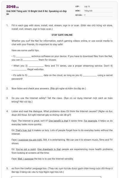 Giải SGK Tiếng anh 10 Bright Unit 8 8d. Speaking có đáp án