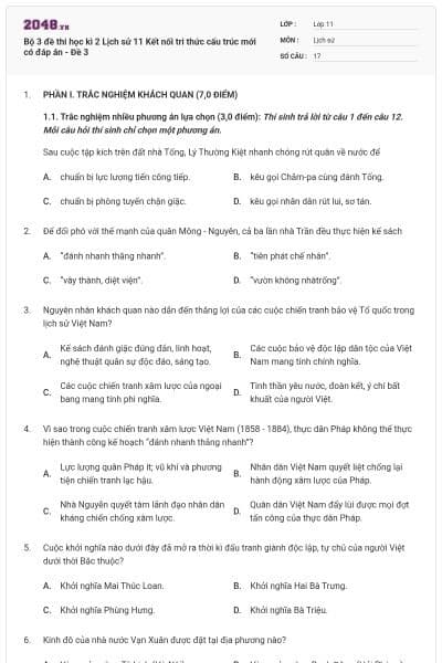 Bộ 3 đề thi học kì 2 Lịch sử 11 Kết nối tri thức cấu trúc mới có đáp án - Đề 3