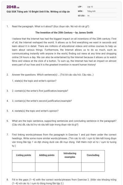 Giải SGK Tiếng anh 10 Bright Unit 8 8e. Writing có đáp án