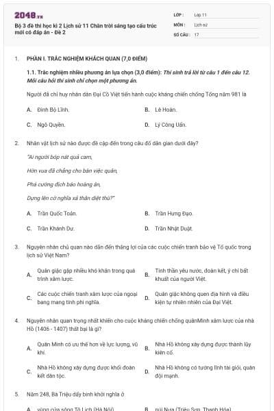 Bộ 3 đề thi học kì 2 Lịch sử 11 Chân trời sáng tạo cấu trúc mới có đáp án - Đề 2