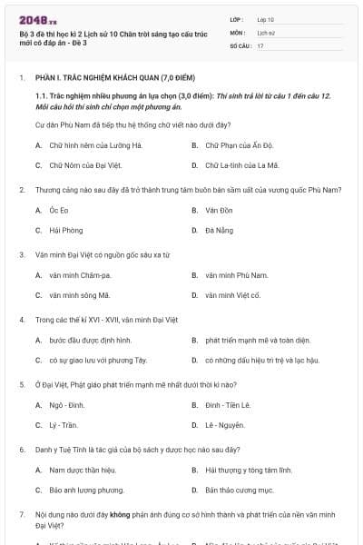Bộ 3 đề thi học kì 2 Lịch sử 10 Chân trời sáng tạo cấu trúc mới có đáp án - Đề 3