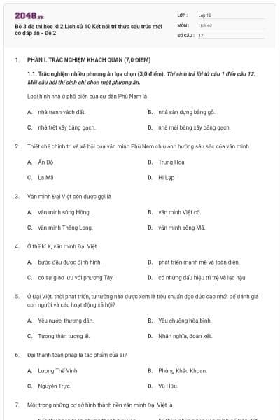 Bộ 3 đề thi học kì 2 Lịch sử 10 Kết nối tri thức cấu trúc mới có đáp án - Đề 2